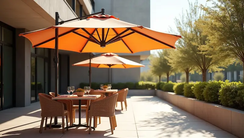 Business owner selecting the best commercial patio umbrella for outdoor restaurant space