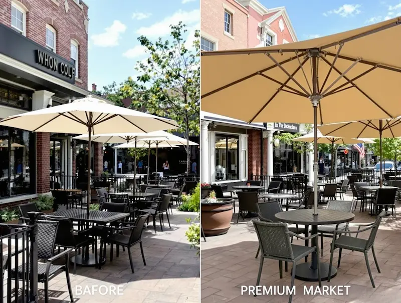 Side-by-side comparison of a restaurant patio with basic umbrellas versus premium large market umbrellas, showing increased seating and better aesthetics
