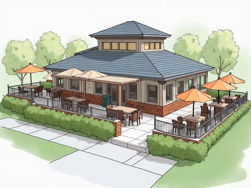 Well-designed restaurant patio showing optimal umbrella placement for both coverage and traffic flow