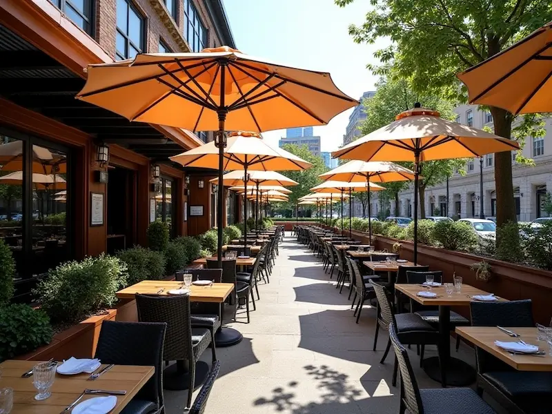 Stylish restaurant patio featuring multiple umbrella designs creating a photogenic dining environment