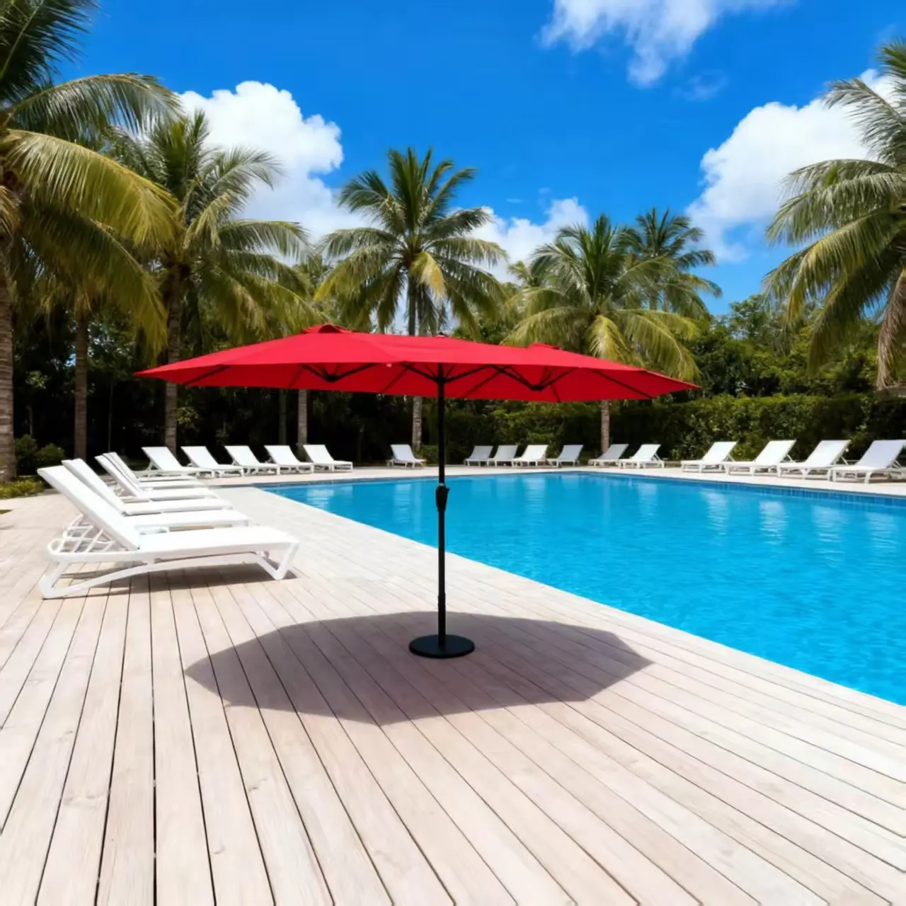 Durable double-sided patio umbrella providing shade for outdoor spaces.