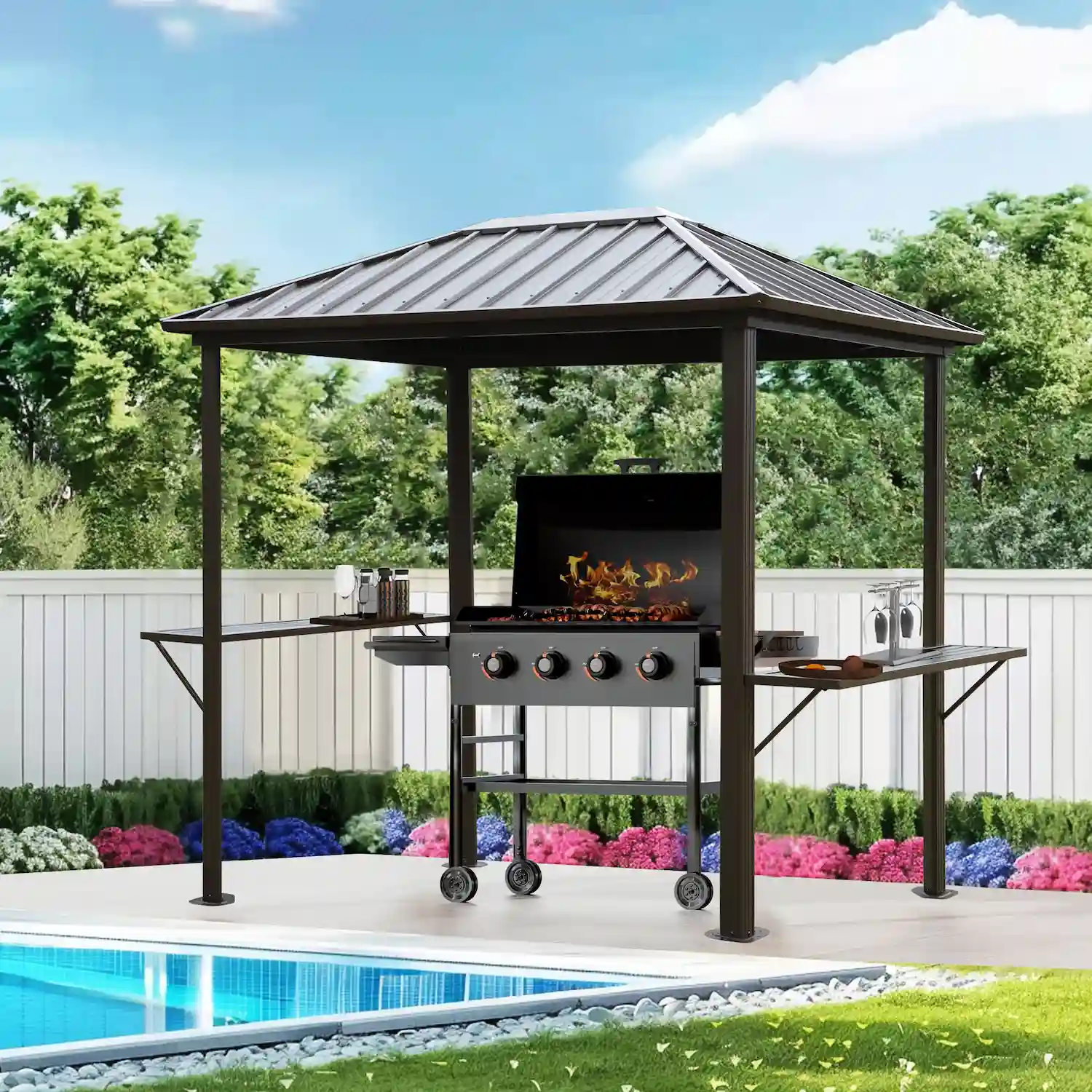 Grill hardtop gazebo providing elegant shade for outdoor cooking and gatherings