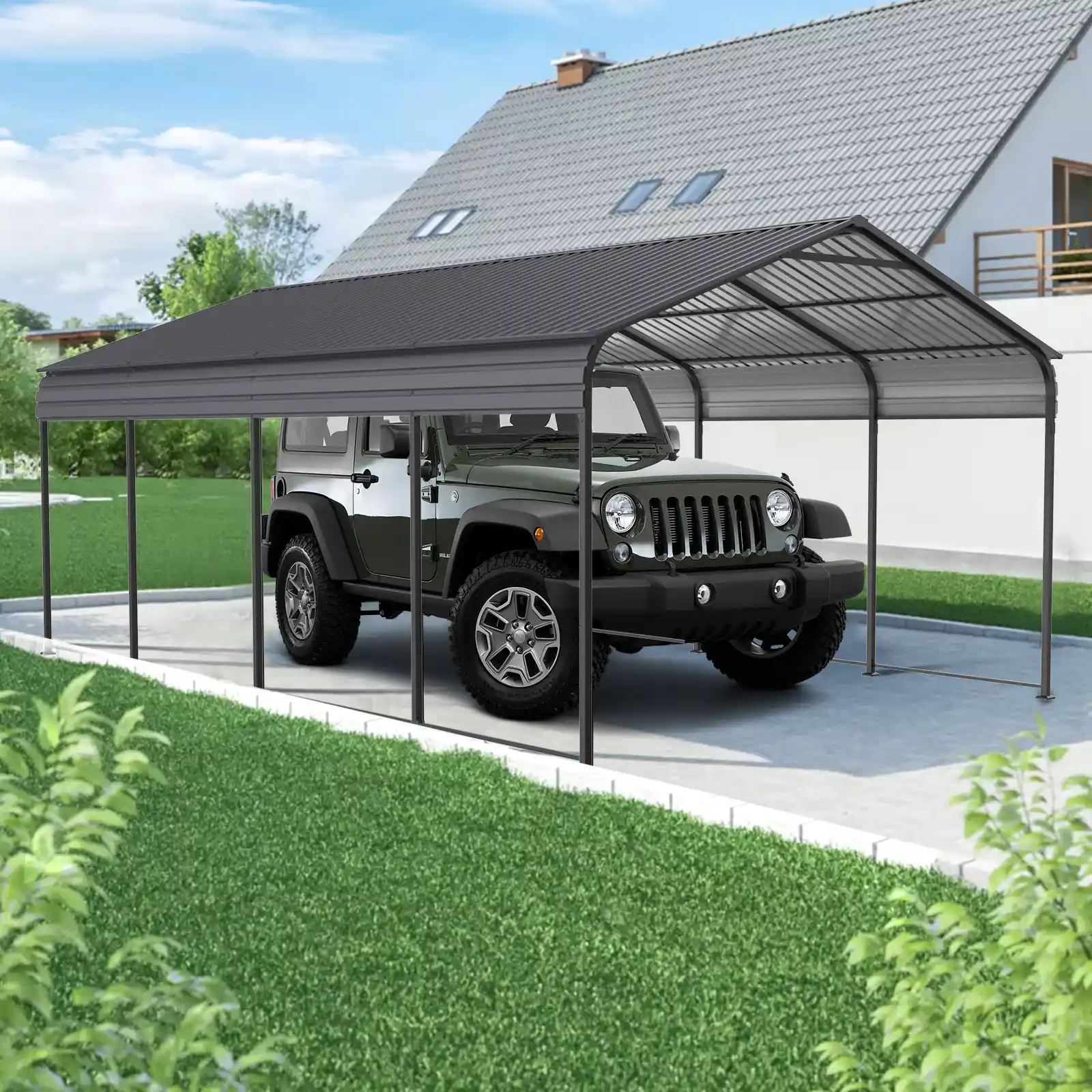 Sturdy metal carport providing shelter for vehicles outdoors