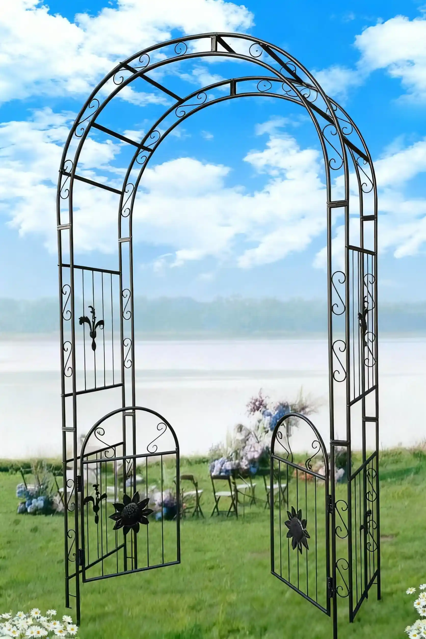Elegant metal garden trellis designed for supporting climbing plants in outdoor gardens