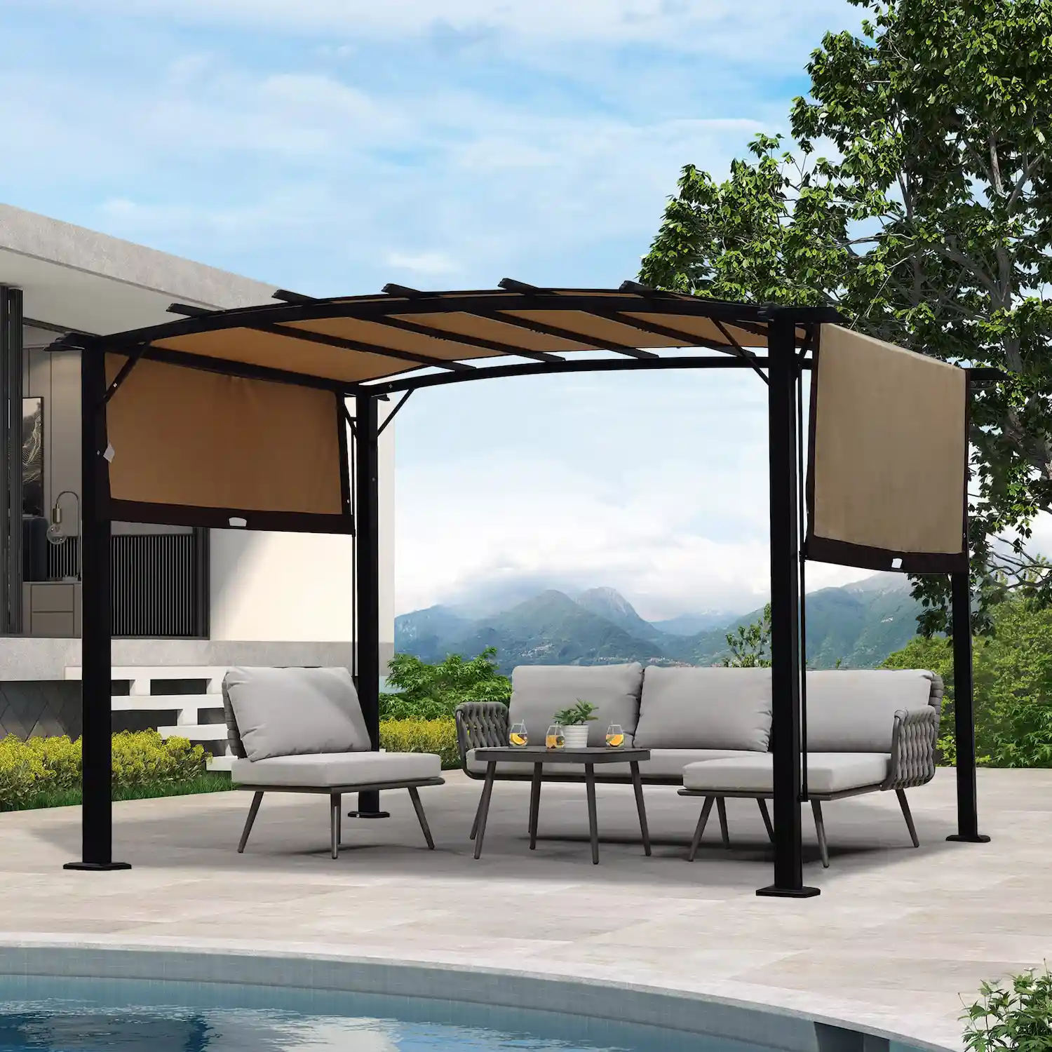 Elegant outdoor pergola providing shade and aesthetic appeal in patio setting