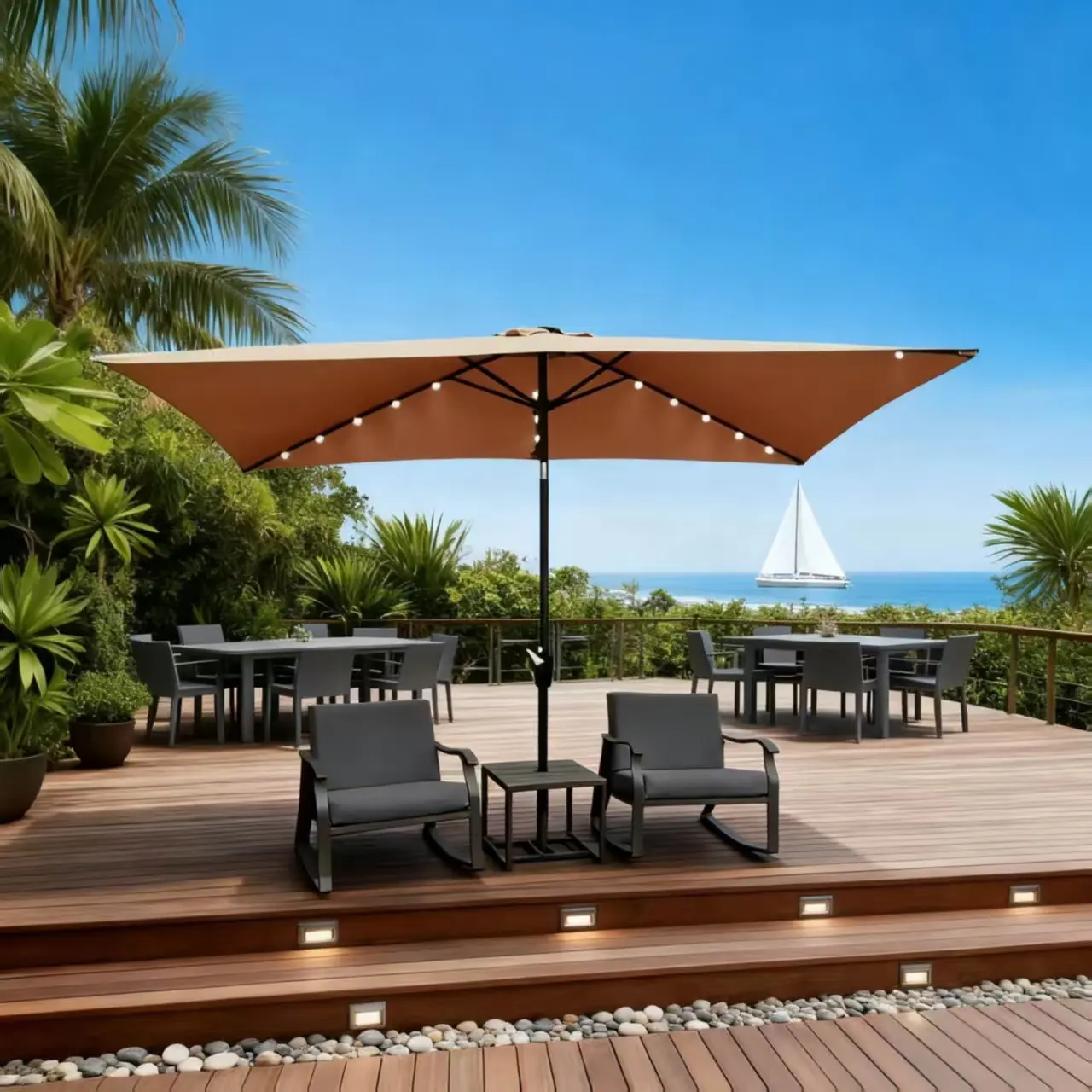 A solar lighted patio umbrella providing shade and ambiance in an outdoor setting