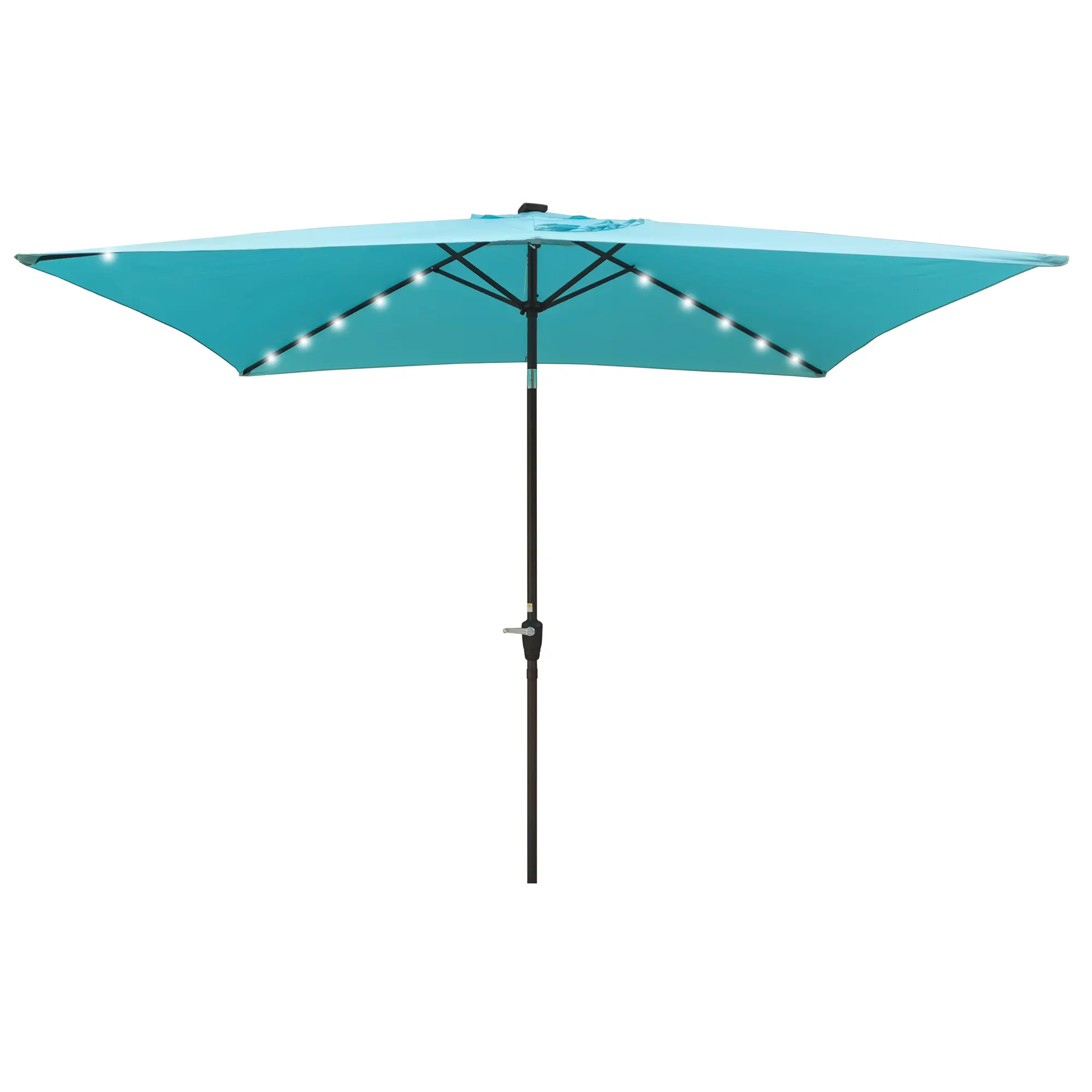 A solar lighted umbrella providing shade for outdoor seating.