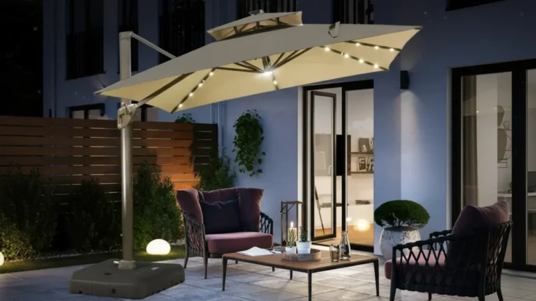 Cantilever umbrella with integrated solar led lights night ambiance