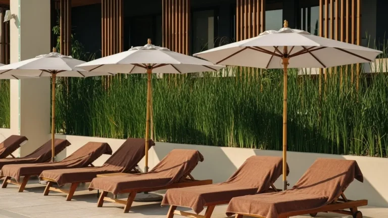Classic wood frame pool umbrellas teak finish aesthetic