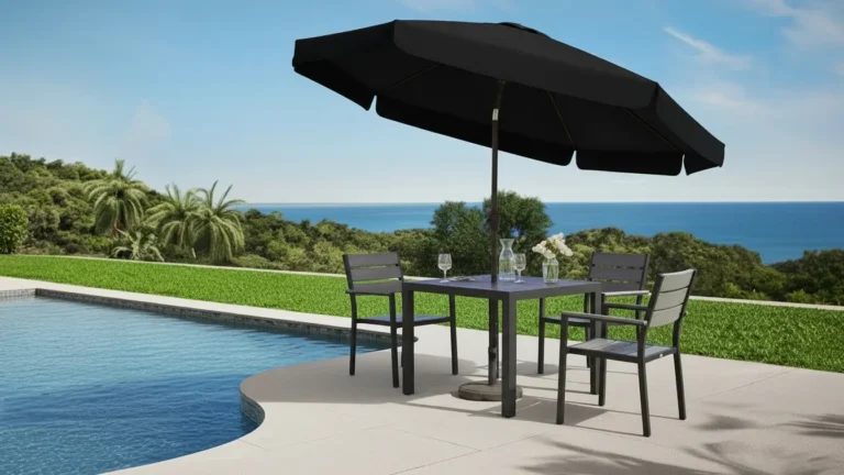 Fade resistant black market umbrella ocean view