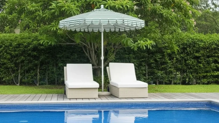 Green and white striped scalloped garden umbrella