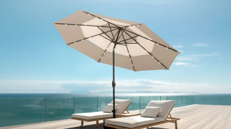 Solar powered market umbrella with led lights deck