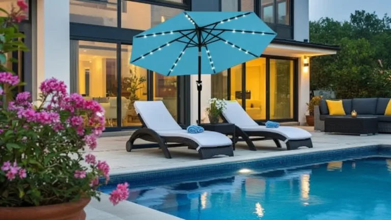 Turquoise lighted patio umbrella poolside evening view